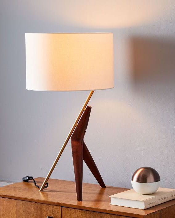 Caldas table lamp with midcentury modern wood base and linen shade