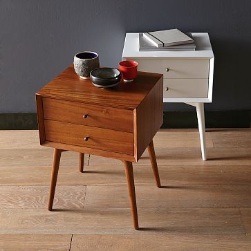 midcentury modern side table in wood color and white