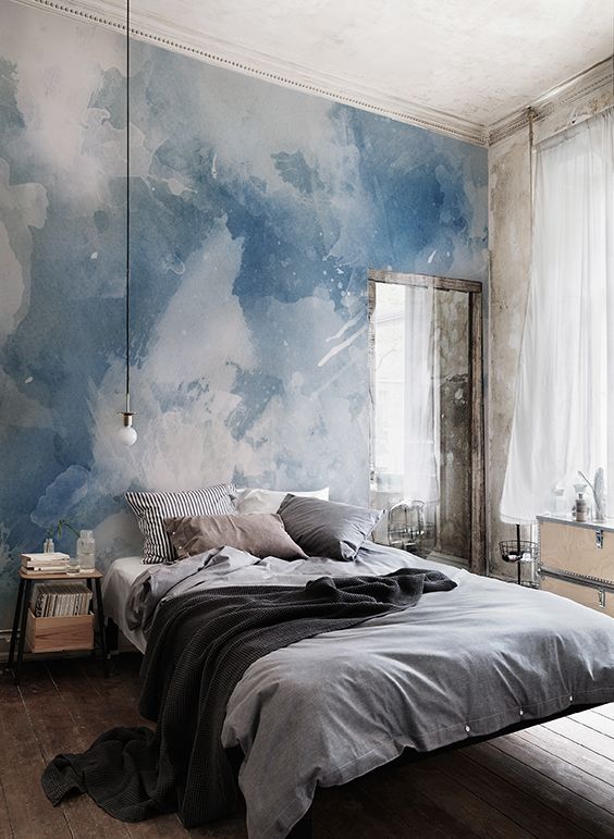 cloud like watercolor mural for walls modern bed furniture gray bed linen black throw blanket black bedside table