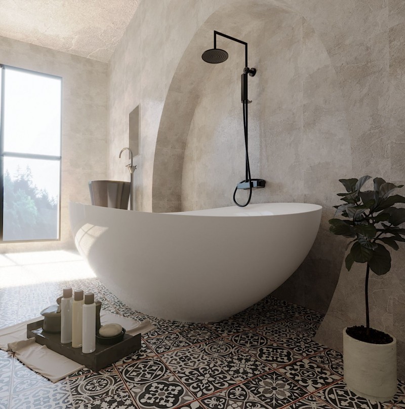 minimalist industrial bathroom with black metal hardware purely white bathtub vintage tile floors smooth surface concrete walls greenery
